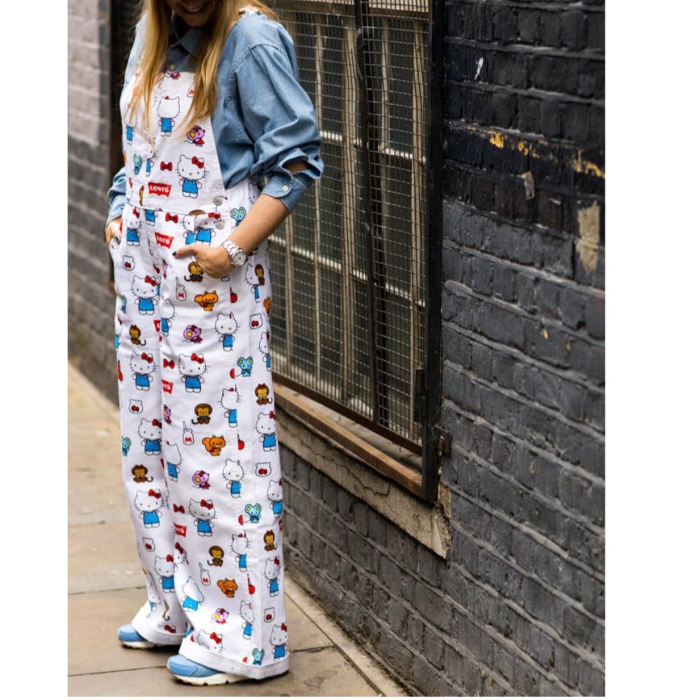 Levi's X Hello Kitty Baggy Overalls New White Denim Jeans NWT HTF S M